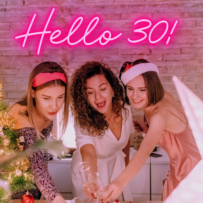 Hello 30” neon sign in bright LED light, mounted on a clear acrylic board – birthday wall décor by Neon.Outshine for 30th celebrations