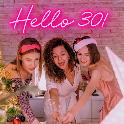 Hello 30” neon sign in bright LED light, mounted on a clear acrylic board – birthday wall décor by Neon.Outshine for 30th celebrations