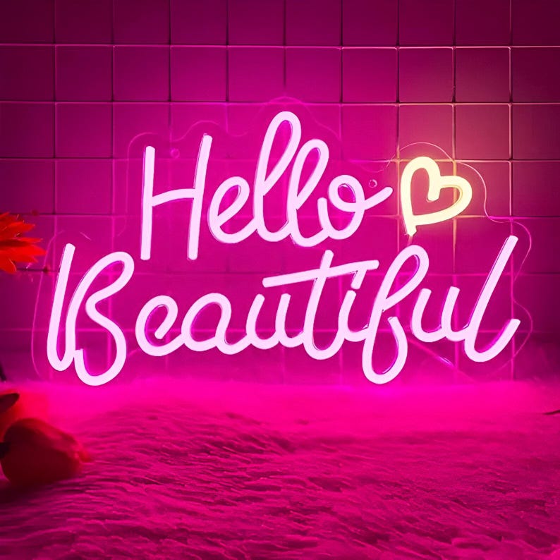 Hello Beautiful Wedding Neon Sign by Neon.Outshine glowing elegantly at a romantic wedding reception backdrop.