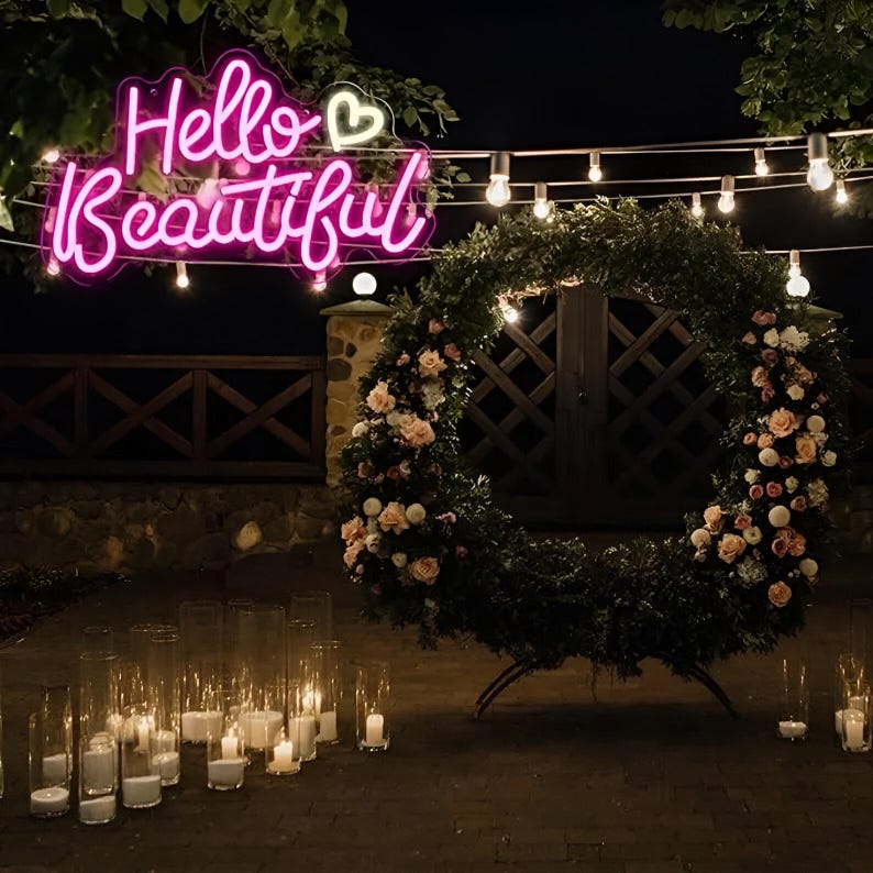 Hello Beautiful Wedding Neon Sign by Neon.Outshine glowing elegantly at a romantic wedding reception backdrop.