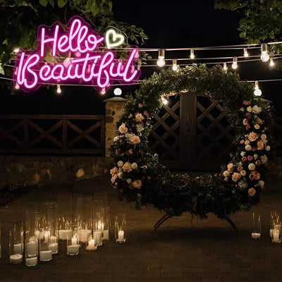 Hello Beautiful Wedding Neon Sign by Neon.Outshine glowing elegantly at a romantic wedding reception backdrop.