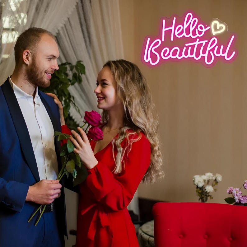 Hello Beautiful Wedding Neon Sign by Neon.Outshine glowing elegantly at a romantic wedding reception backdrop.