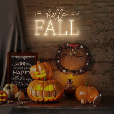 Hello Fall neon sign glowing in warm white  on clear acrylic backing by Neon.outshine 