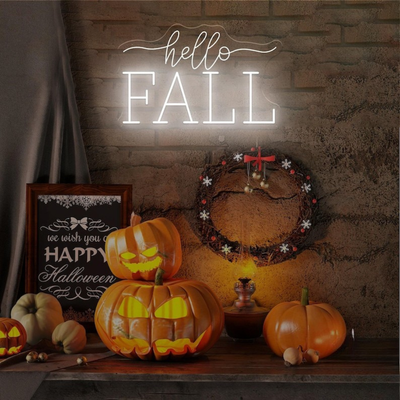 Hello Fall neon sign glowing in Cool white on clear acrylic backing by Neon.outshine  