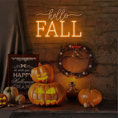 Hello Fall neon sign glowing in warm Orange  on clear acrylic backing by Neon.outshine 