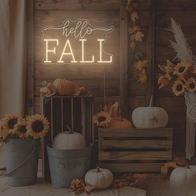 Hello Fall neon sign glowing in warm white  on clear acrylic backing by Neon.outshine 
