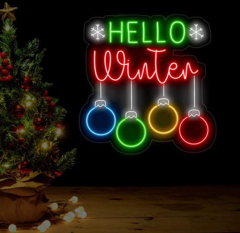 Hello Winter Christmas Neon Sign by Neon.Outshine –  in cheerful holiday colors for seasonal décor.
