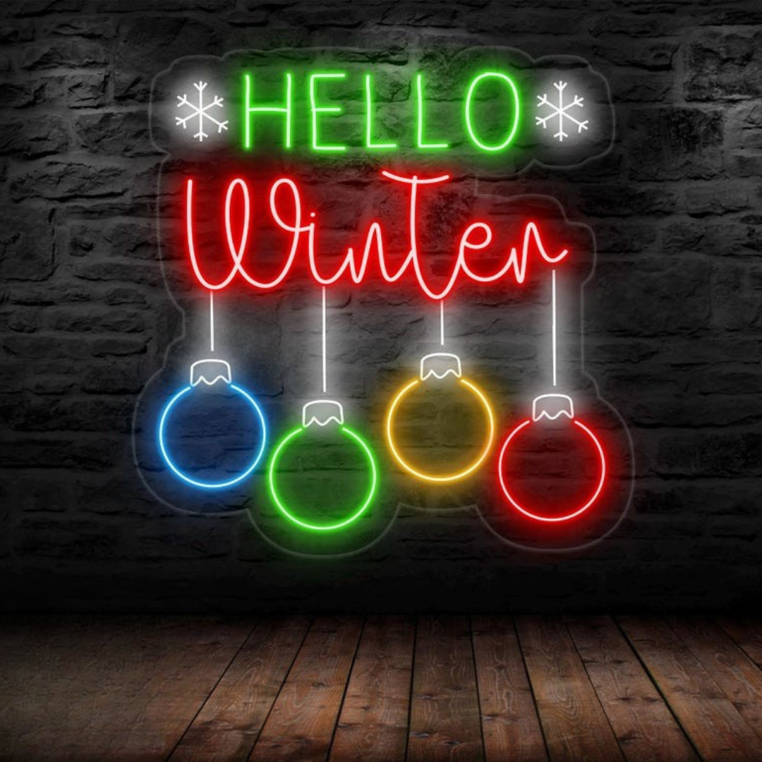Hello Winter Christmas Neon Sign by Neon.Outshine –  in cheerful holiday colors for seasonal décor.