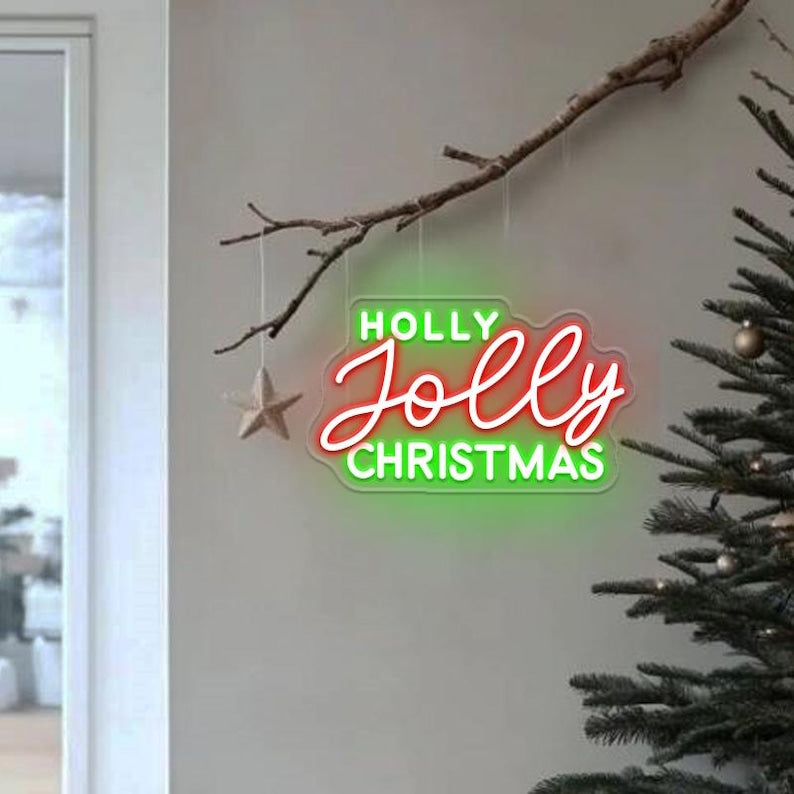 Holly Jolly Christmas Neon Sign by Neon.Outshine glowing in vibrant festive colors for holiday décor.