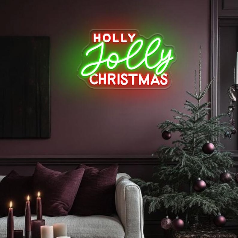 Holly Jolly Christmas Neon Sign by Neon.Outshine glowing in vibrant festive colors for holiday décor.