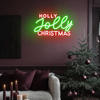 Holly Jolly Christmas Neon Sign by Neon.Outshine glowing in vibrant festive colors for holiday décor.