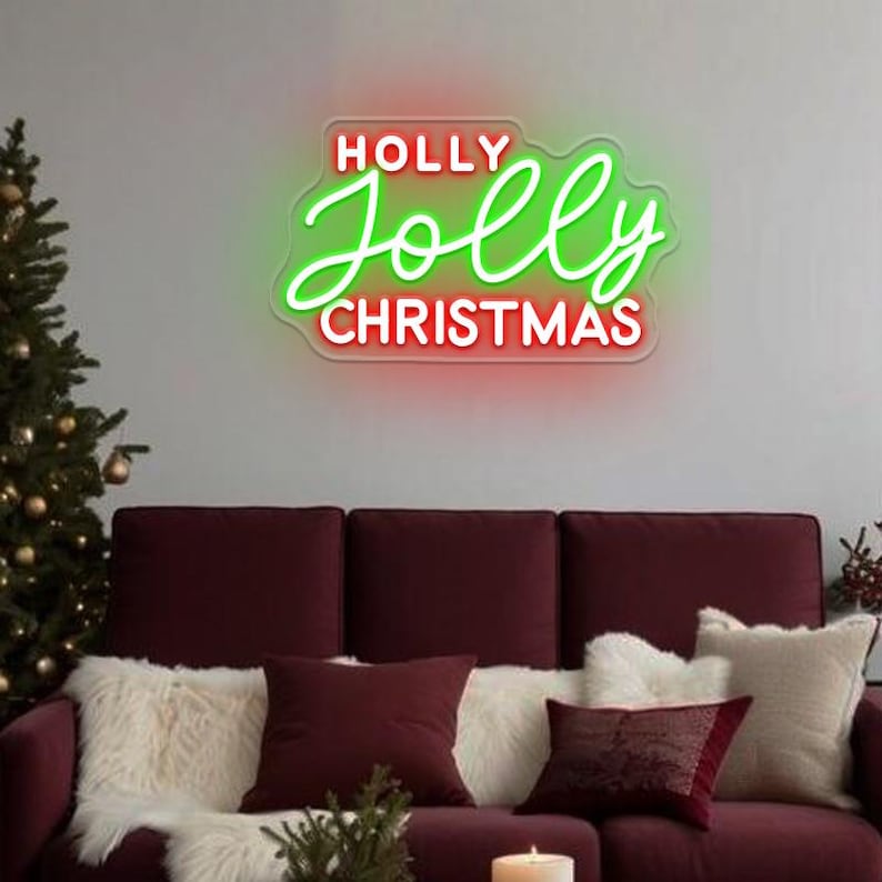 Holly Jolly Christmas Neon Sign by Neon.Outshine glowing in vibrant festive colors for holiday décor.