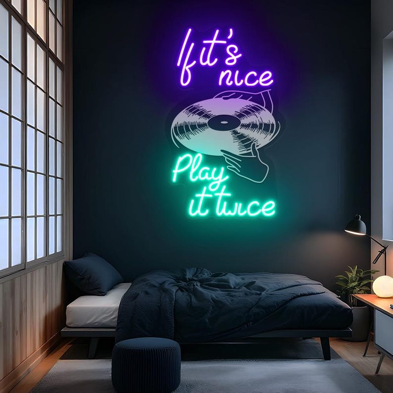 If It's Nice Play It Twice Neon sign glowing in LED lights, mounted on clear acrylic – stylish music-inspired wall decor by Neon.Outshine.