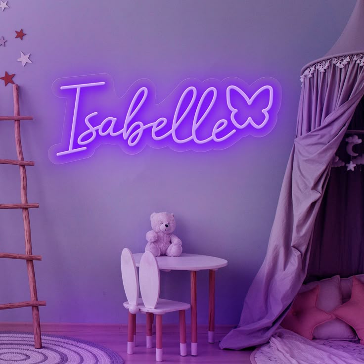 Isabella Name Neon sign By Neon.Outshine - in elegant script, casting a soft pink light on a bedroom wall.