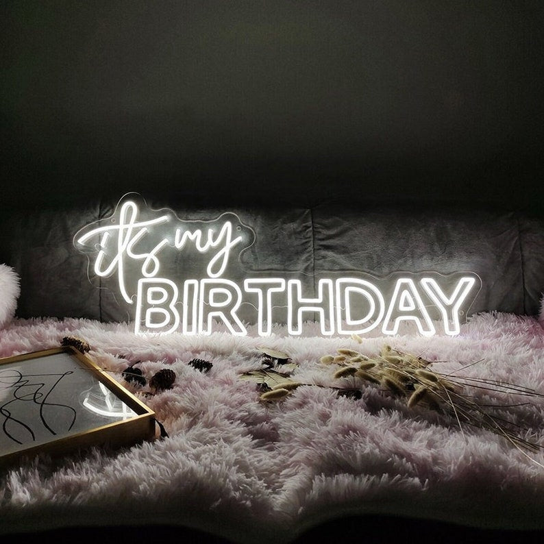 It’s My Birthday neon sign in vibrant pink by Neon.Outshine, glowing on a party wall backdrop