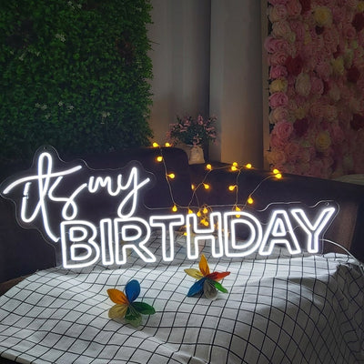 It’s My Birthday neon sign in vibrant pink by Neon.Outshine, glowing on a party wall backdrop