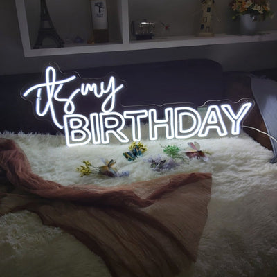 It’s My Birthday neon sign in vibrant pink by Neon.Outshine, glowing on a party wall backdrop