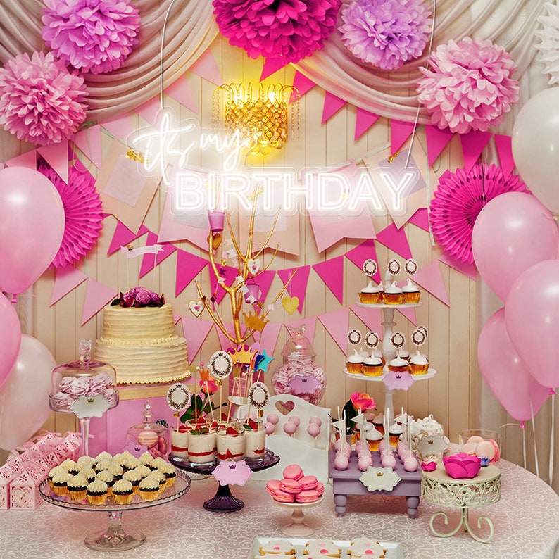 It’s My Birthday neon sign in vibrant pink by Neon.Outshine, glowing on a party wall backdrop