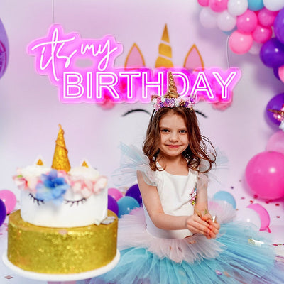 It’s My Birthday neon sign in vibrant pink by Neon.Outshine, glowing on a party wall backdrop