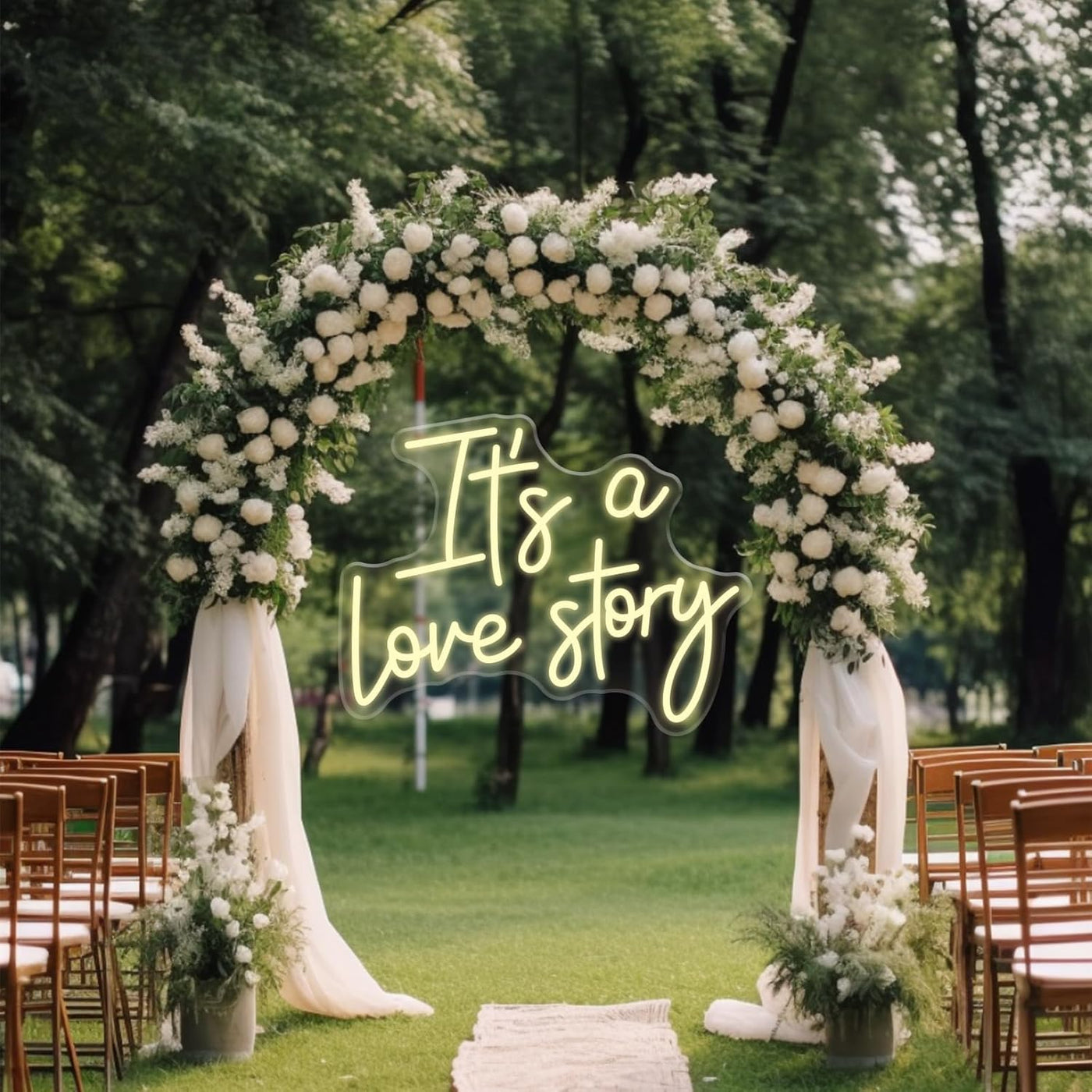 It’s a Love Story Wedding Neon Sign by Neon.Outshine glowing romantically behind on the  wedding backdrop