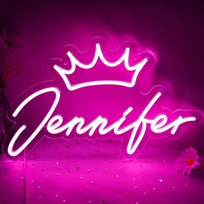 Jennifer name LED neon sign glowing in custom script font, ideal for bedroom décor, event styling, or personalized gift displays.