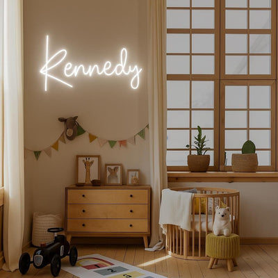 Kennedy" Neon Name Sign by Neon.Outshine -  glowing script font, mounted on clear acrylic