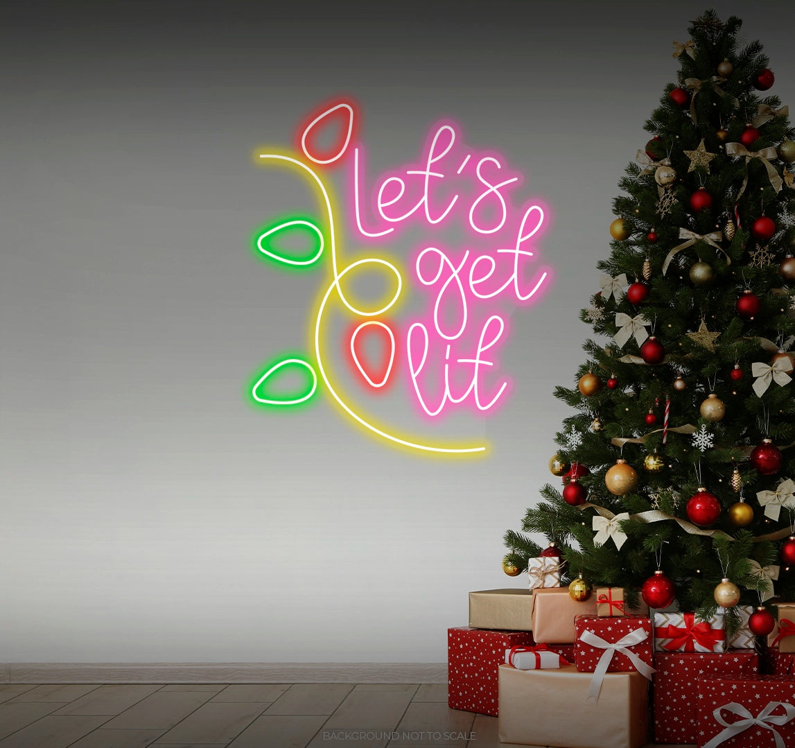 Let’s Get Lit Christmas Decoration Neon Sign by Neon.Outshine glowing in bright festive colors