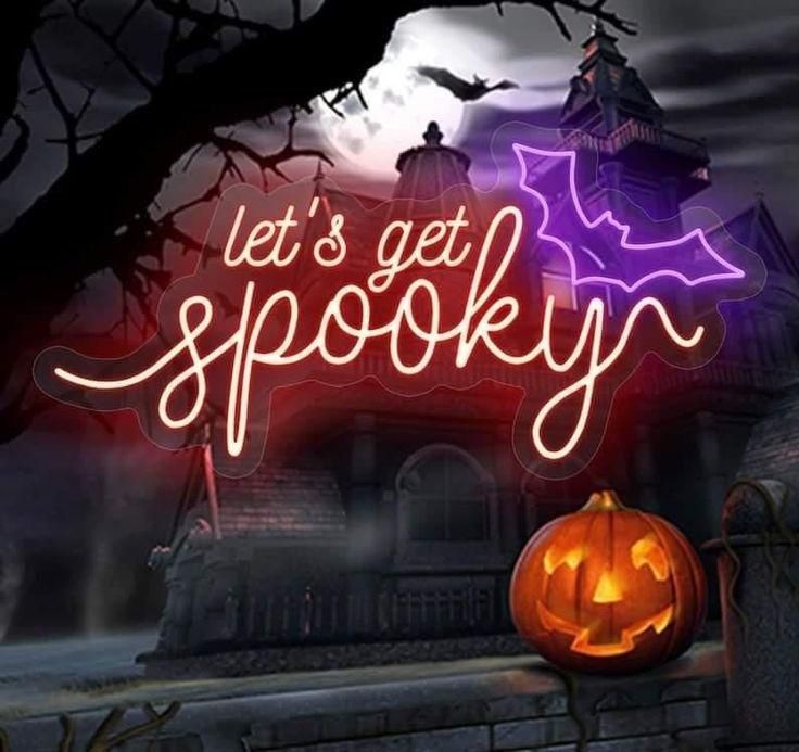 Let’s Get Spooky Halloween Neon Sign glowing in vibrant LED lights, ideal for festive Halloween décor and party backdrops by Neon.Outshine