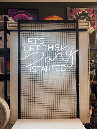 Let’s Get This Party Started Neon sign in glowing LED, mounted on clear acrylic – high-energy party decor by Neon.Outshine.