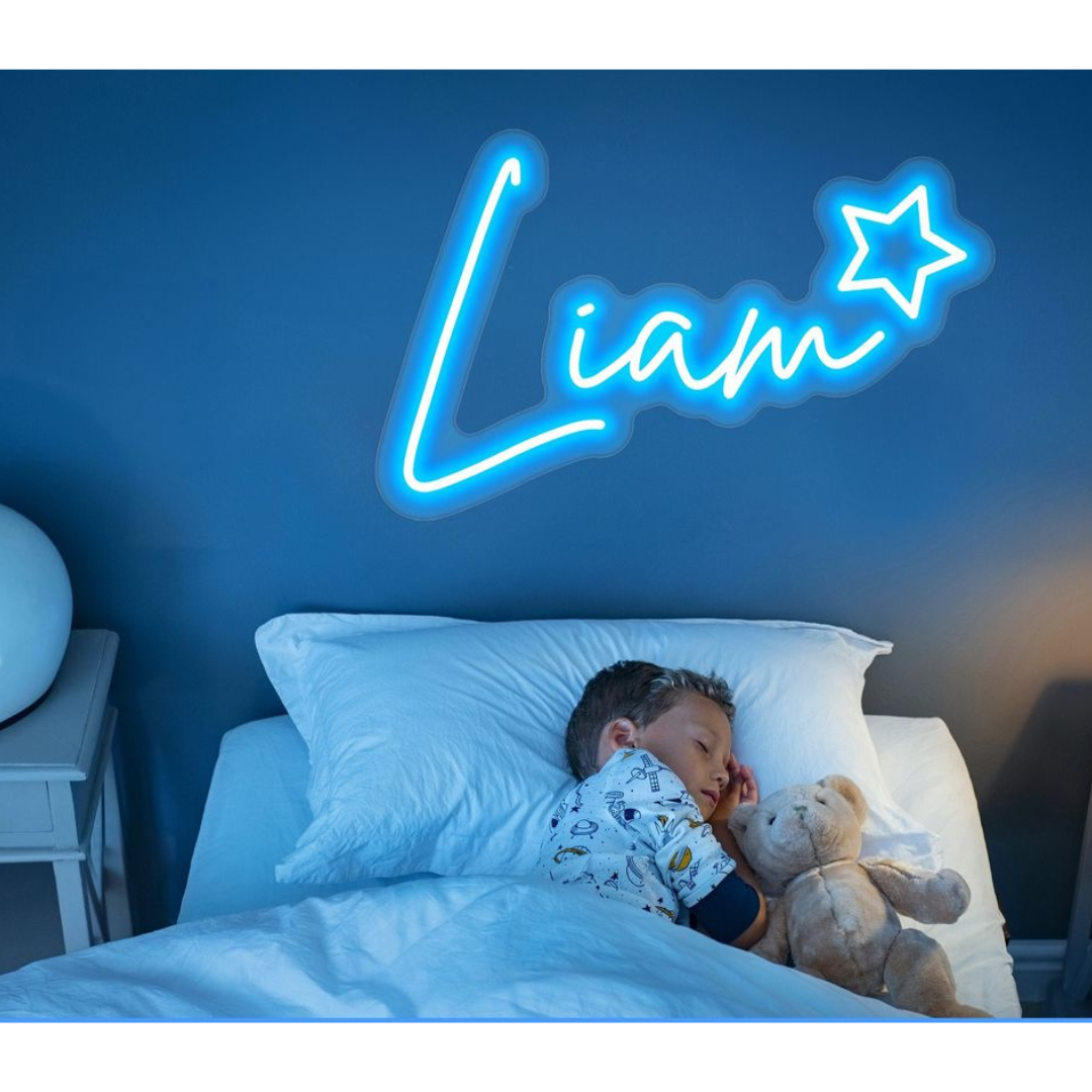 Liam Name Neon sign in bold blue script on clear acrylic - Neon.Outshine 
