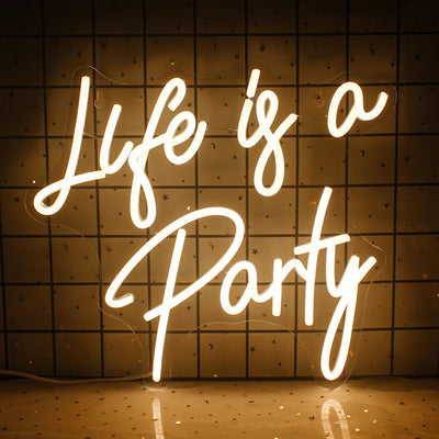 Life is a Party Neon sign in glowing LED lights, mounted on a clear acrylic board - stylish and festive wall decor by Neon.Outshine.