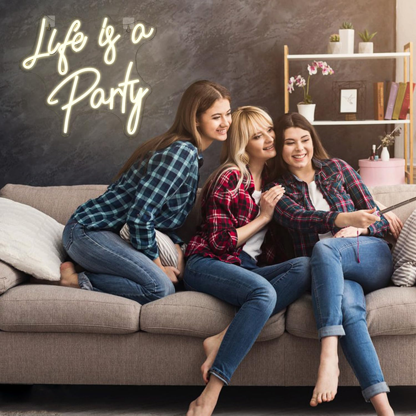 Life is a Party Neon sign in glowing LED lights, mounted on a clear acrylic board - stylish and festive wall decor by Neon.Outshine.