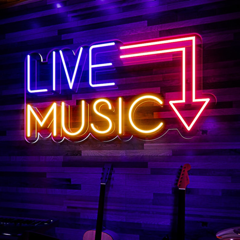 Live Music Party Neon sign in bold, glowing colors – perfect for events, studios, and bars. Designed by Neon.Outshine.