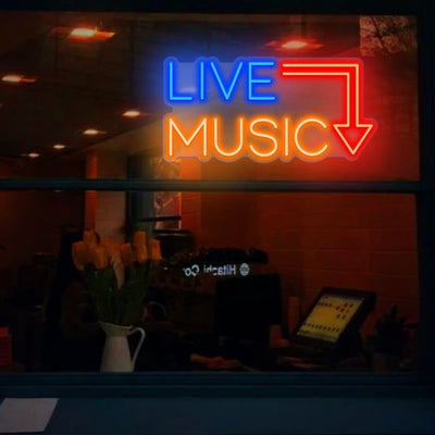 Live Music Party Neon sign in bold, glowing colors – perfect for events, studios, and bars. Designed by Neon.Outshine.