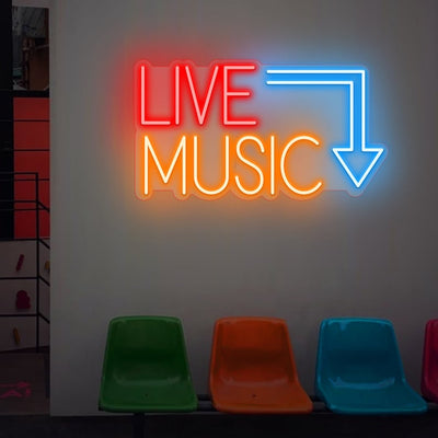 Live Music Party Neon sign in bold, glowing colors – perfect for events, studios, and bars. Designed by Neon.Outshine.