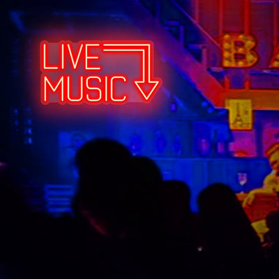 Live Music Party Neon sign in bold, glowing colors – perfect for events, studios, and bars. Designed by Neon.Outshine.