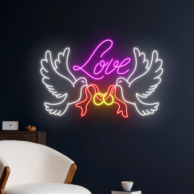 Love Dove Rings Wedding Neon Sign by Neon.Outshine glowing beautifully with doves and interlocking rings at a romantic wedding backdrop.