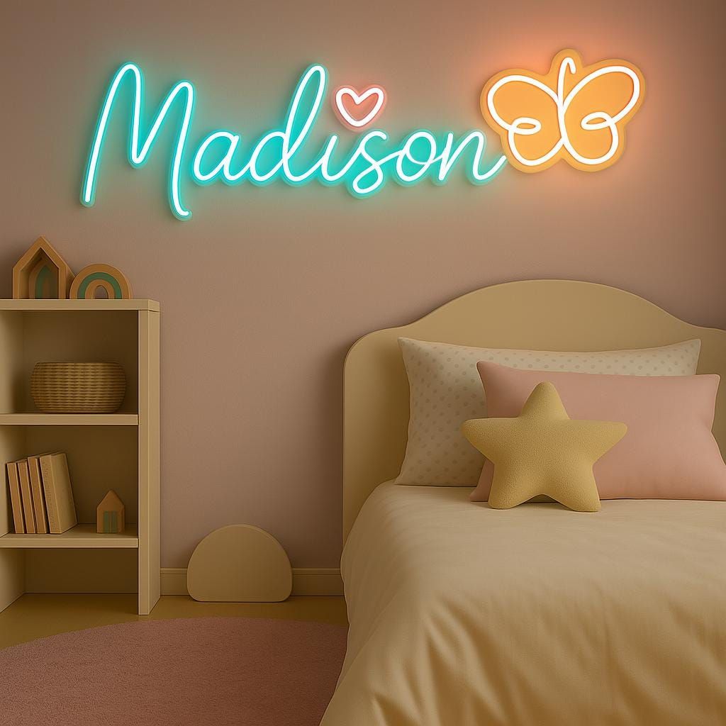 Madison Name Neon sign glowing brightly on a clear acrylic backing - Neon.Outshine 