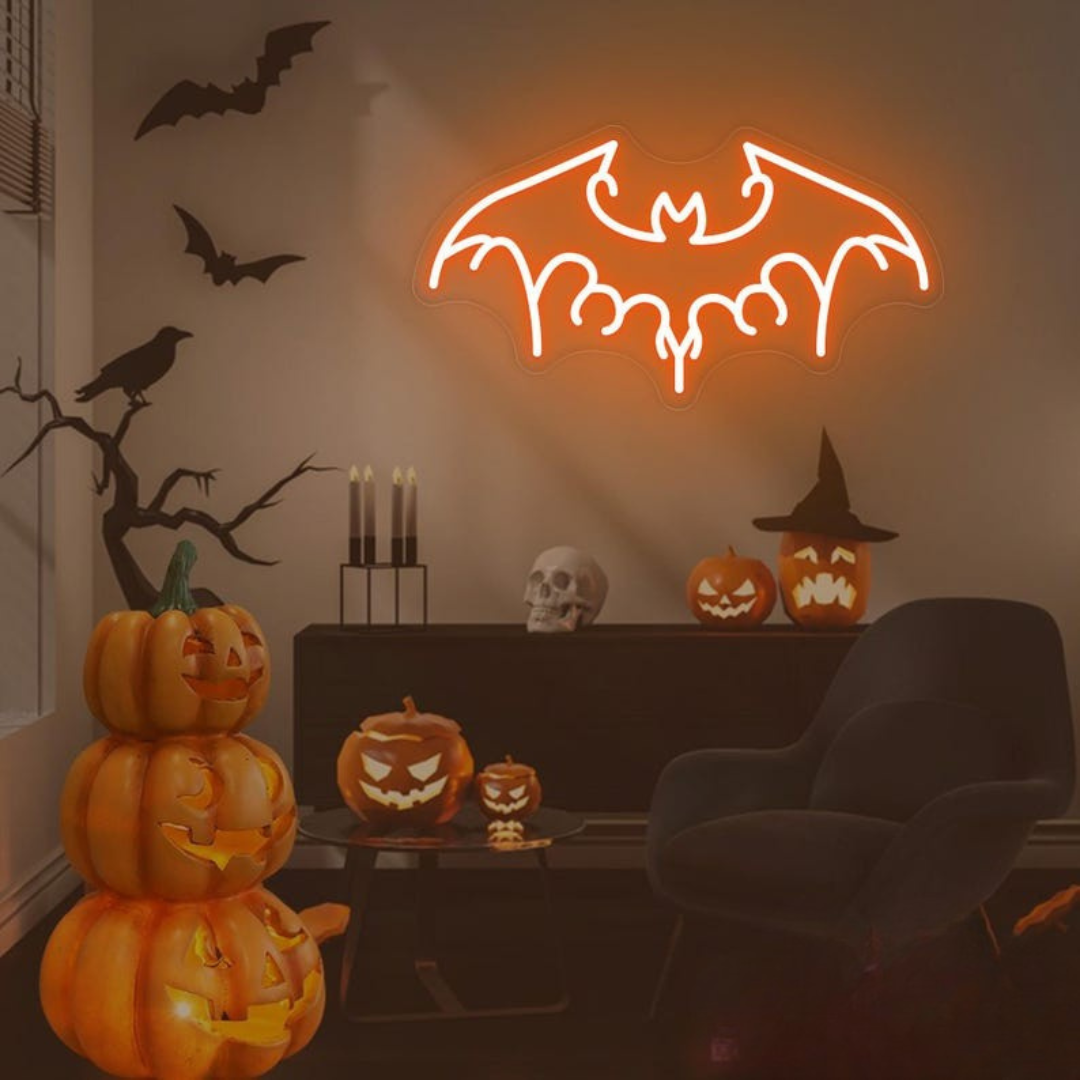 Majestic bat-themed Halloween LED neon sign, perfect for vampire or gothic aesthetic, by Neon.outshine.