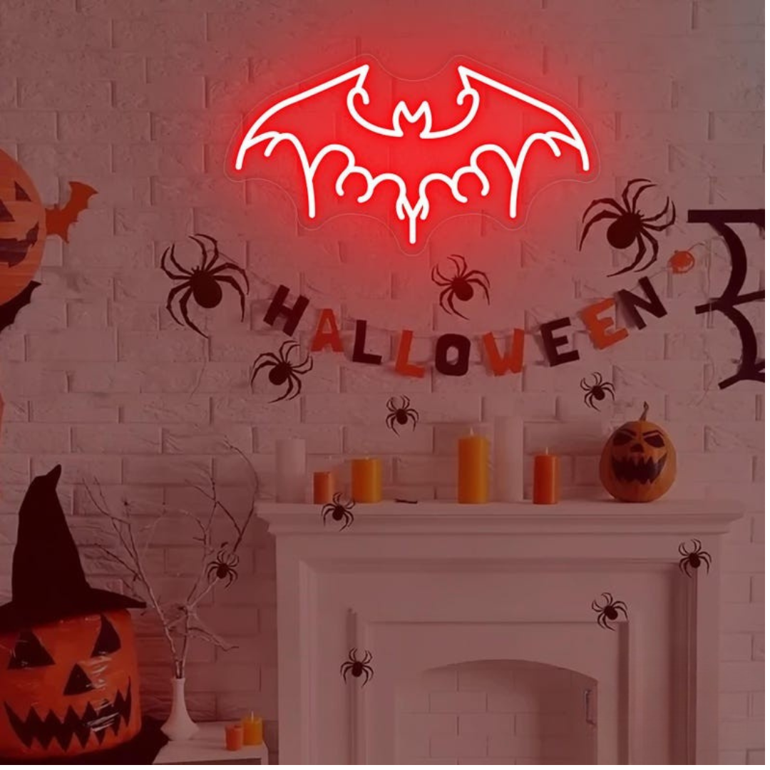 Majestic bat-themed Halloween LED neon sign, perfect for vampire or gothic aesthetic, by Neon.outshine.