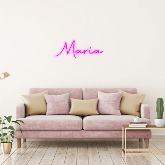 Maria Name neon sign  in glowing white cursive font, mounted on clear acrylic, ideal for home or event deco - Neon.Outshine 