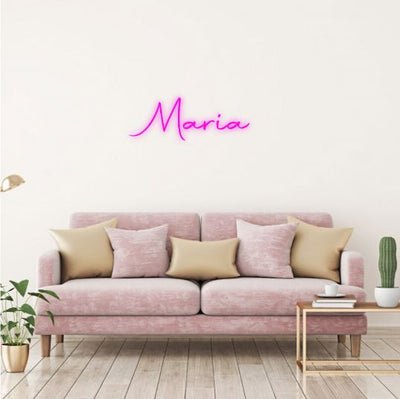 Maria Name neon sign  in glowing white cursive font, mounted on clear acrylic, ideal for home or event deco - Neon.Outshine 