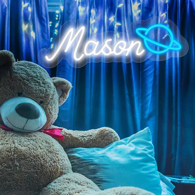 Mason name LED neon sign in vibrant colors, designed by Neon.Outshine displayed on a wall
