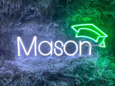 Mason name LED neon sign in vibrant colors, designed by Neon.Outshine displayed on a wall