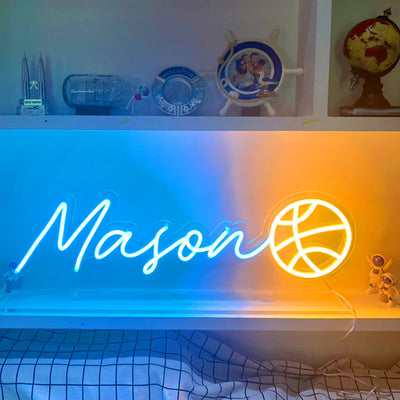 Mason name LED neon sign in vibrant colors, designed by Neon.Outshine displayed on a wall