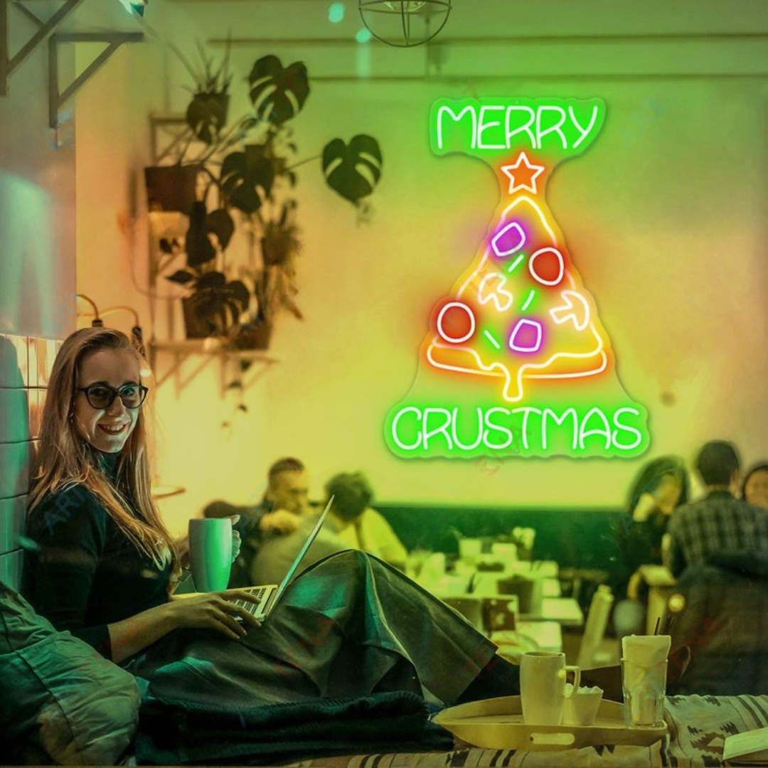 Merry Christmas Pizza Neon Sign by Neon.Outshine glowing in festive holiday lights