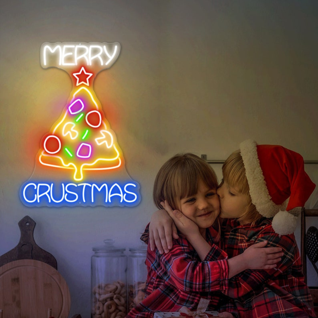 Merry Christmas Pizza Neon Sign by Neon.Outshine glowing in festive holiday lights