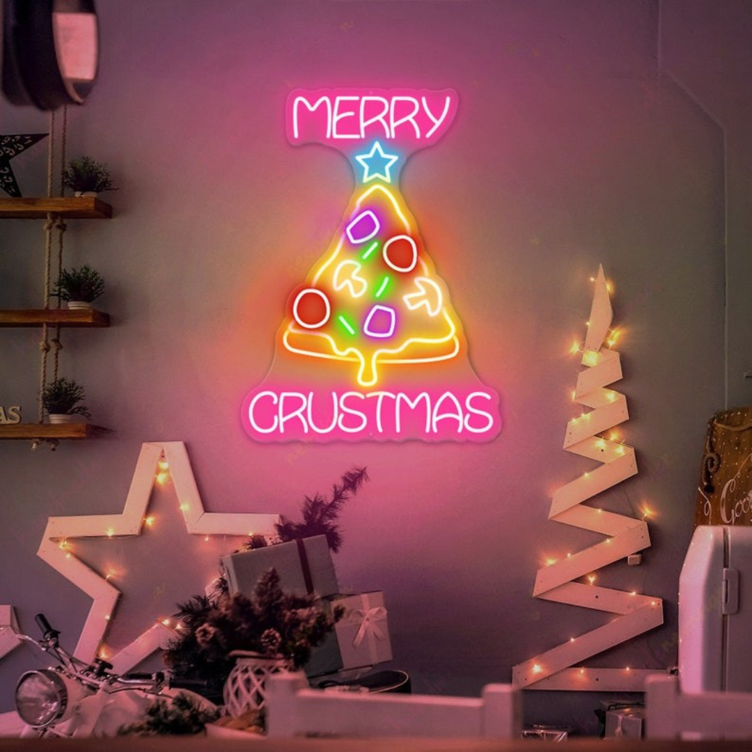 Merry Christmas Pizza Neon Sign by Neon.Outshine glowing in festive holiday lights