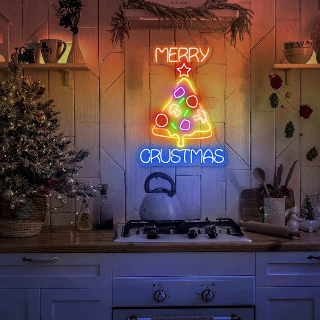 Merry Christmas Pizza Neon Sign by Neon.Outshine glowing in festive holiday lights