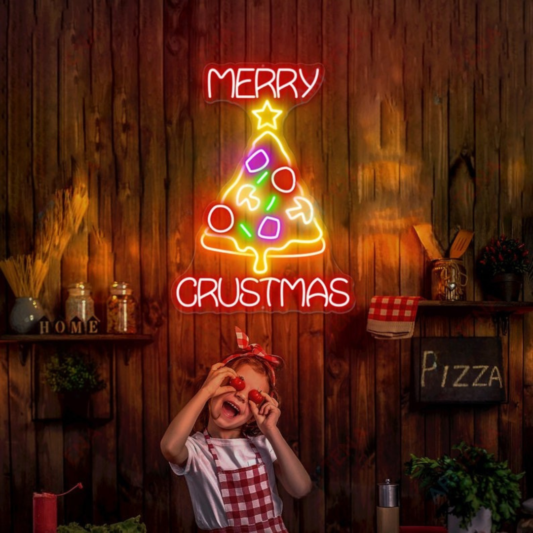 Merry Christmas Pizza Neon Sign by Neon.Outshine glowing in festive holiday lights